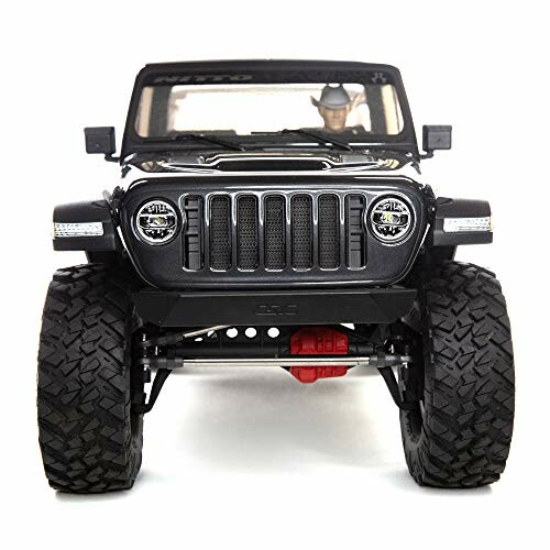 Front view of a black RC Jeep Wrangler with large tires.