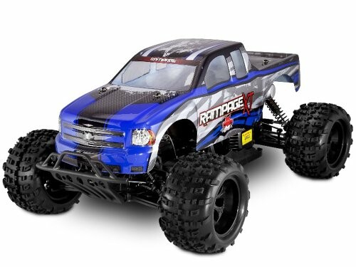 Blue RC monster truck with large tires.