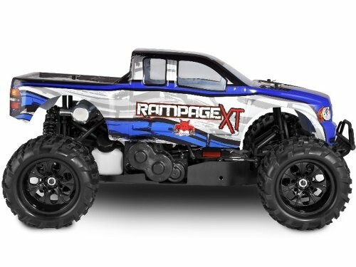 Blue RC monster truck model Rampage Xt.