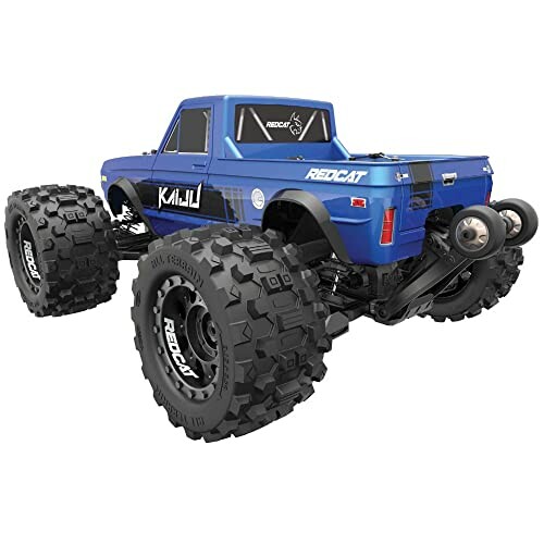 Blue remote control monster truck with large tires.