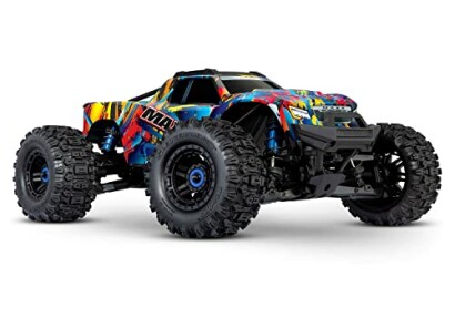 Colorful remote-controlled monster truck with large tires.