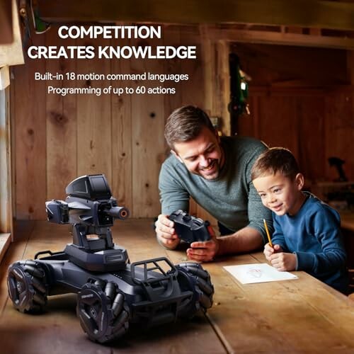 Father and son engaging with a robotics toy together.