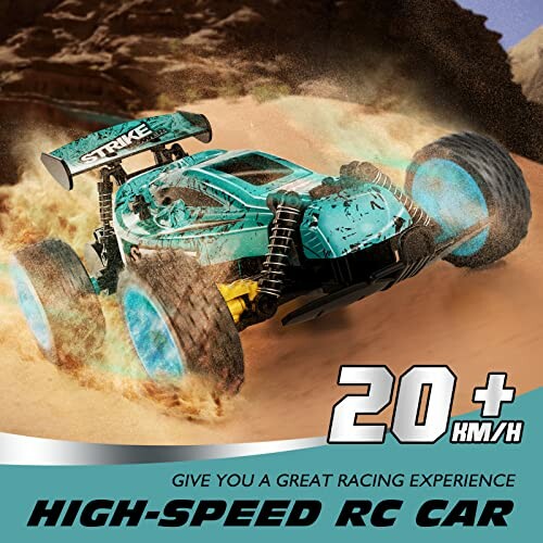 High-speed RC car racing through desert terrain.
