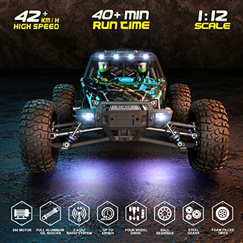 High-speed RC car with 42 km/h speed, 40 min run time, 1:12 scale.
