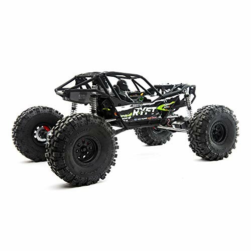 Off-road RC car with rugged tires and black frame.