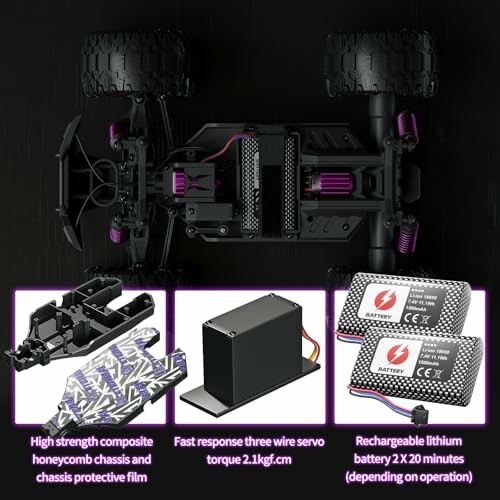 RC car chassis with components including honeycomb chassis, torque motor, and lithium batteries.