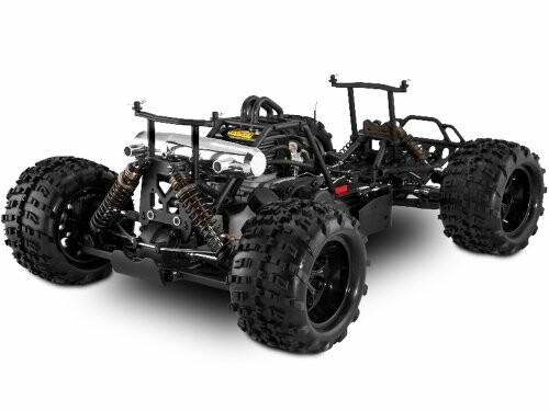 RC car chassis with exposed wheels and suspension.