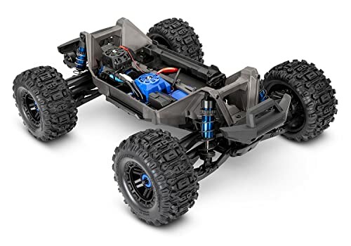 RC car chassis with exposed components and large tires