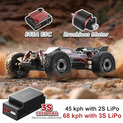 High-speed RC car with components and speed specifications.