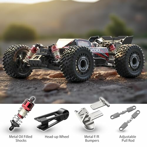 RC car with metal oil-filled shocks, head-up wheel, metal bumpers, and adjustable pull rod.
