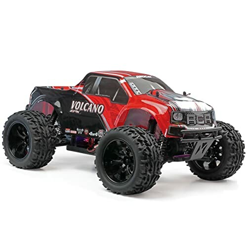 Red RC monster truck with large tires.