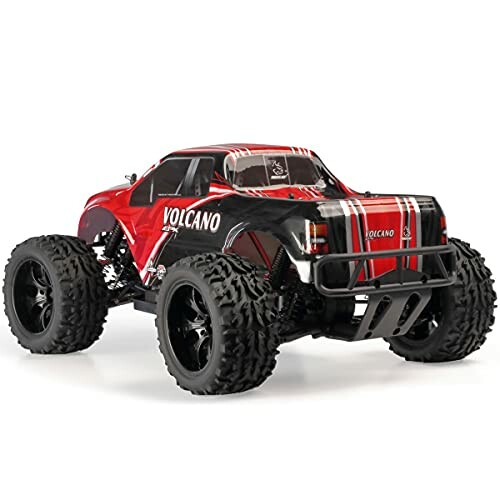 Red RC monster truck with large tires.