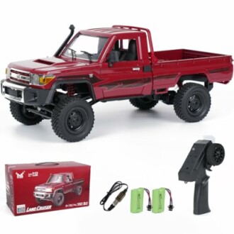 Red RC truck toy with remote, batteries, and box.