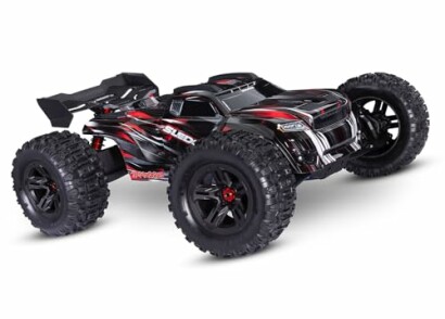 Black and red remote control monster truck with large tires.