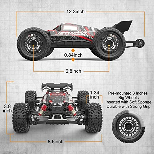 Remote control truck with measurements and features.
