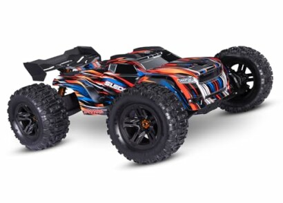 Colorful remote control monster truck with large tires.