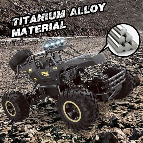 RC car on rocky terrain with titanium alloy material highlight.