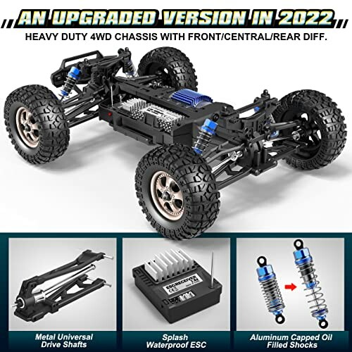 Upgraded 4WD chassis with metal driveshafts, waterproof ESC, and oil-filled shocks.
